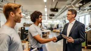 Cet homme vient de rencontrer son nouvel employeur, une entreprise qui a accepté de le rencontrer pour établir un contrat d'intérim d'insertion