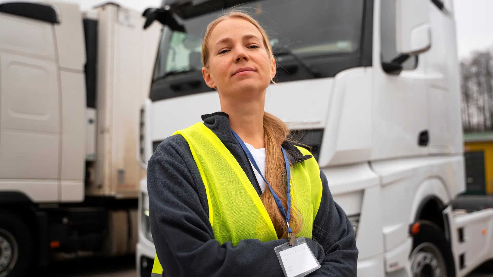Une femme conductrice de poids lourd est devant son camion